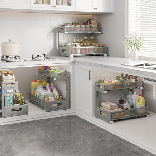 Image of 1 Pack 17IN Depth Under Sink Storage Organizer, Large 2-Tier Elegant Mesh Pull Out Shelf for Kitchen and Bathroom Cabinet Organization, L-Shaped and Adjustable Height Design-Gun Gray