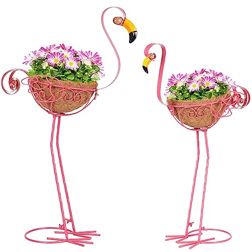 Kikth Set of 2 Pink Metal Flamingo Planters with Basket for Indoor Outdoor Garden Yard Decor