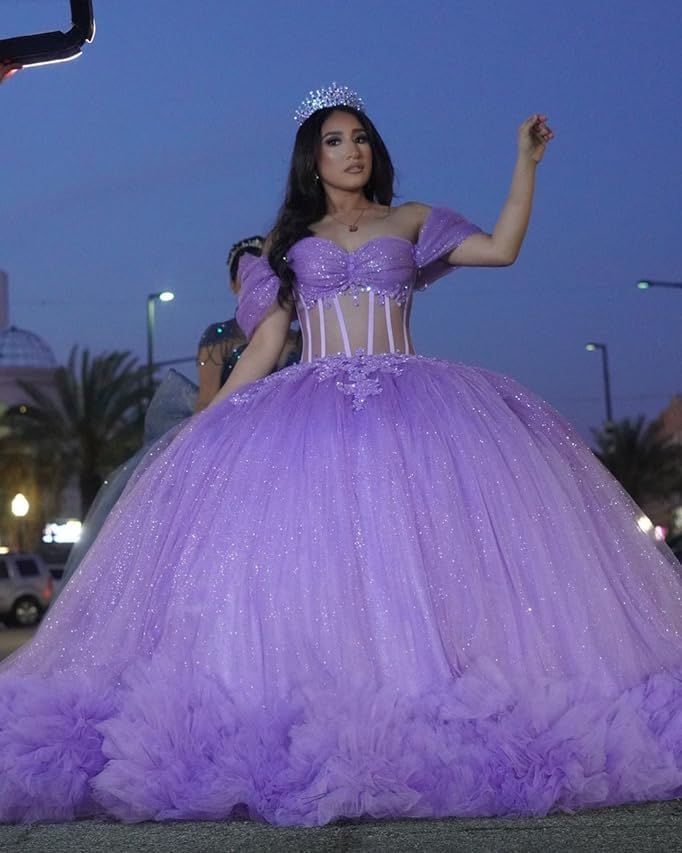 Sparkly Tulle Quinceanera Dresses Off Shoulder Ball Gowns Beading Lace Appliques Layered Sweet 16 Dresses 20242