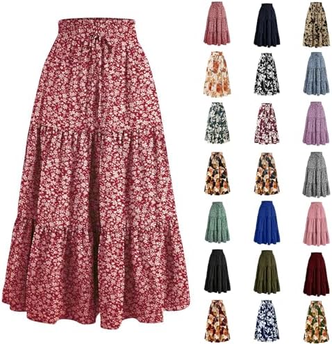 Floral Maxi Skirts for Women Pleated Boho Skirt A Line Faldas De Mujer Elegantes Holiday Ruffle Flowy High Waisted Skirt