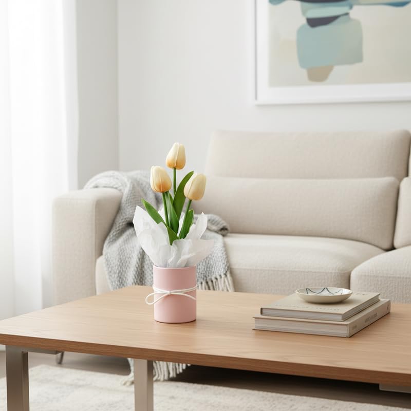 Image of Artificial Tulip Flowers with Vase for Home Decor | Real Look Pink Tulip Bouquet | Table Centerpiece, Living Room, Office Desk Decoration | Gift for Birthday, Anniversary, Housewarming