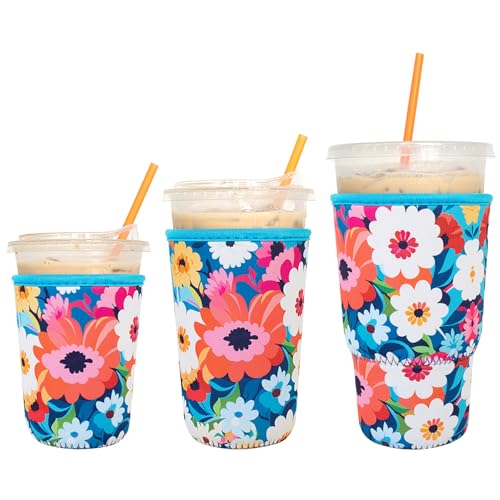Image of 3 Pack Reusable Iced Coffee Sleeves - Xumbtvs Insulator Sleeve for Cold Beverages, Neoprene Coffee Cup Holder (Floral 03)