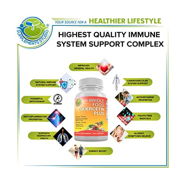 Supplements-Studio-Quercetin-with-Bromelain-Zinc-Vitamin-C-Ginger-Bioflavonoids-Organic-Whole-Foods-Immune-Cardiovascular-Respiratory-System-Support-Natural-Antioxidant-Vegan-Non-GMO180-Caps Quercetin with Bromelain Vitamin C and Zinc with Organic Whole Food Quercetin Blend - 1215mg per serving - Phytosome Quercetin 500mg, Ginger and Flavonoids for Immune & Respiratory Support - 180 count