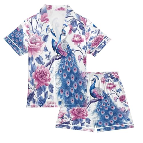 Satin Pajama Sets Short Sleeve Peacock Among Pink Flowers Button Down Silky Nightwear 2 Piece PJS 5-14Y