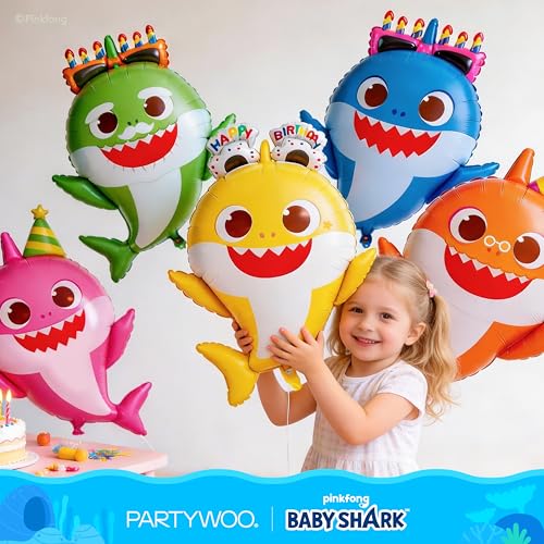 Image of PartyWoo Baby Shark Family Foil Balloons 37pcs Baby Shark Family Pink Round Star Mylar Happy Birthday Letter Balloons for Boys and Girls Under the Sea Kids Birthday Party Decorations