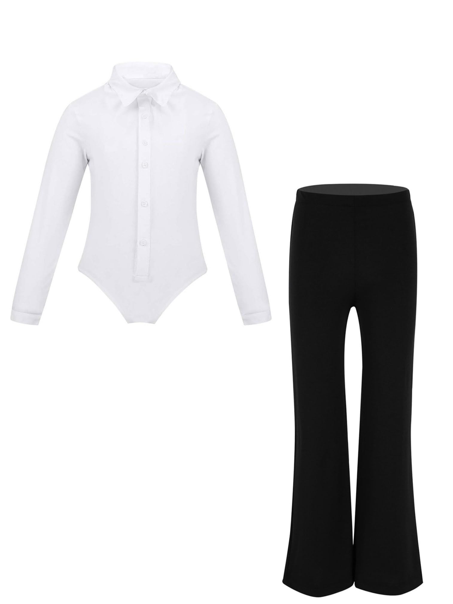 ranrann Enfant Garçon Ensemble Tenue Danse Latine Tango Jazz Justaucorps Manches Longues avec Pantalon Evasé Costume Danse de Salon