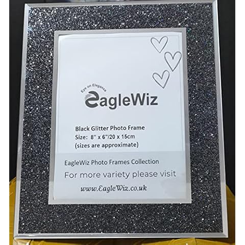 EAGLEWIZ BLACK GLITTER BLING GLASS PHOTO FRAME Silver Photo Frame 8" x 6" (20cm x 15cm) Cover