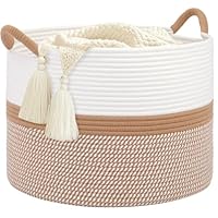 HOBASKET Laundry Basket,Laundry Hamper,20''x13''Woven Cotton Rope Blanket Basket in Living Room;Toy storage;Nursery hamper,Pillows,Girls Kids Baby Toy chest,Baskets for storage,Decor (White/Brown)
