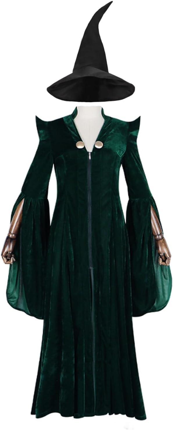 SOCDINGUPAdult Costume Hat Women Cosplay Green Velvet Robe Halloween Witch Cloak