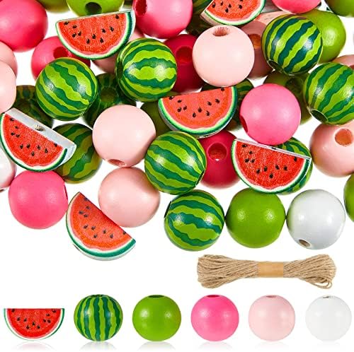 100 Pieces 16 mm Watermelon Wooden Beads for Crafts Round Loose Bead Watermelon Colored Wooden Beads with Hole Large Hole Wooden Spacer Beads Summer Wood Bead with Rope for DIY Garland Jewelry Making