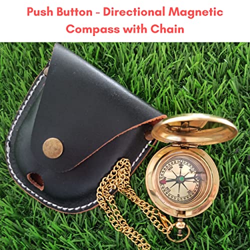 Brújula de bolsillo de latón brillante grabada con estuche de cuero, brújula de botón de 2" para camping, senderismo, viaje - regalo para cumpleaños, Navidad, aniversario y graduación miniatura 2