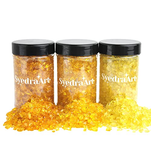 Syedra Crushed Glass for Crafts, Resin Art, 3-6mm Set of 3, Crushed Colored Mirror Pieces 2LB (Yellow)