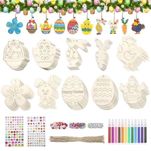 300pcs Bricolage Paques Enfant, Kit Activite Paques avec Lapin Oeufs en Bois Gommettes et Crayons de Couleur, Idee Décorations Pâques de paques à peindre,...