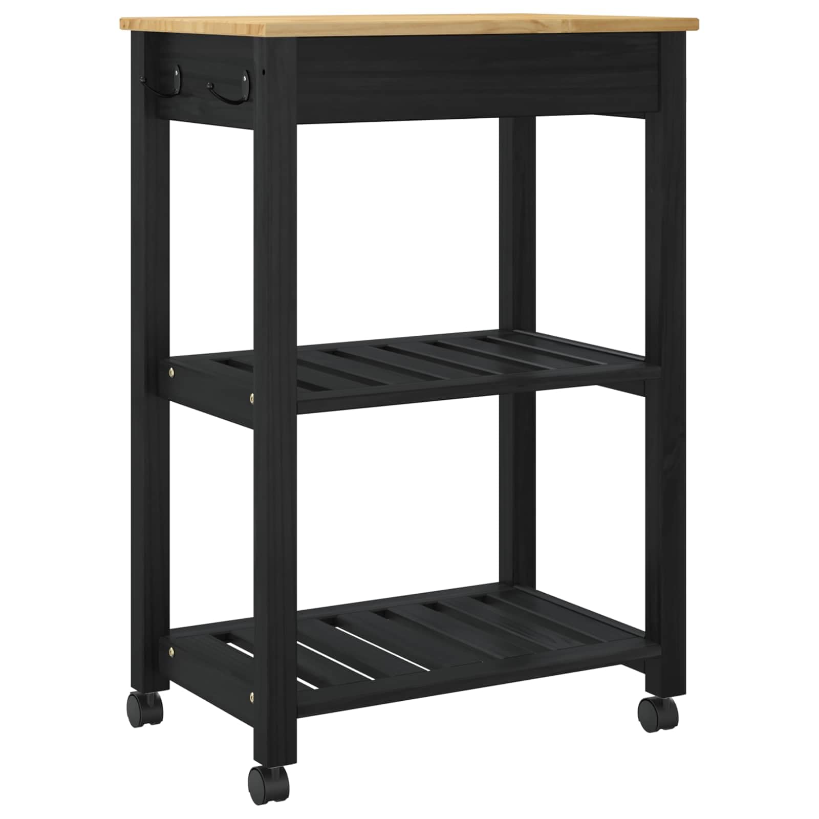 Küchentrolley Monza Schwarz Massivholz Kiefer 60 x 40 x 88,5 cm mit Regal Schublade Vier 360° Rollen für Küchenorganisation und Mobile Arbeitsfläche