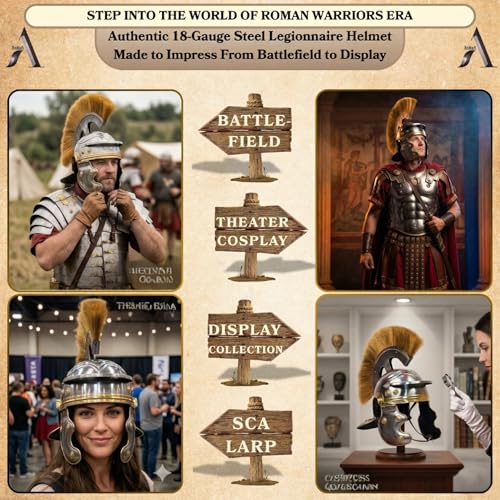 Image of AnNafi Roman Centurion Helmet w /Plume Armor, Medieval Metal Replica Helm, Soldier Costume Gladiator