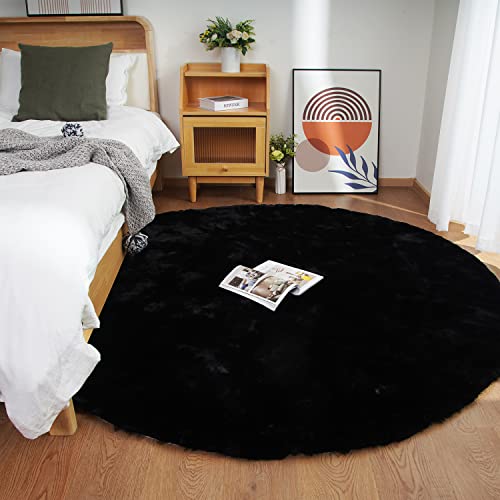 Ghouse Tapis Rond Noir Chambre 150cm Moelleux Tapis Fausse Fourrure Doux Salon Lavable Descente De Lit Poil Ras