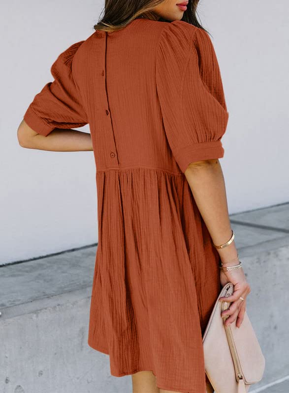 Image of Dokotoo Womens Summer Crewneck Puff Sleeve Babydoll Elegant Empire Waist Mini Swing Skater Dresses with Pockets