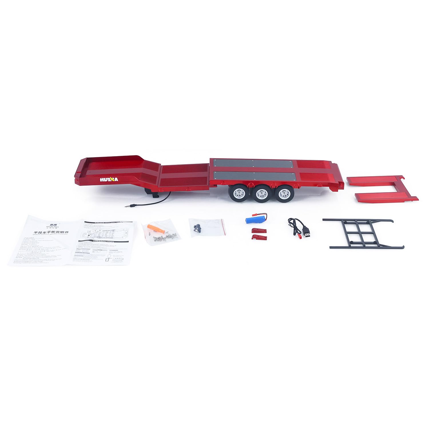 Disponibile a magazzino, semirimorchio in plastica pianale 1502 per 1/18 trattore con telecomando Huina 1501, gambe di supporto elettroniche, pianale posteriore, modello hobby, grado regalo