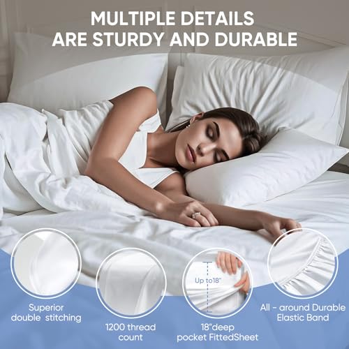 Image of TWK 100% Egyptian Cotton 1200 Thread Count Bedding Sheet Set, Substantial Thickness, Durable Long-Lasting Wear, Resists Pilling, 18 inch Max Deep Pocket Fit (White, Queen)