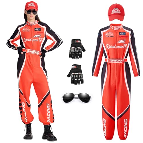 EinZeugnik Rennfahrer Kostüm Damen Rot Rennanzug Overall Jumpsuit Karneval Fasching Erwachsene Komplettes Set mit Mütze Sonnenbrille & Handschuhen (S-2XL) | Mottoparty Halloween Cosplay