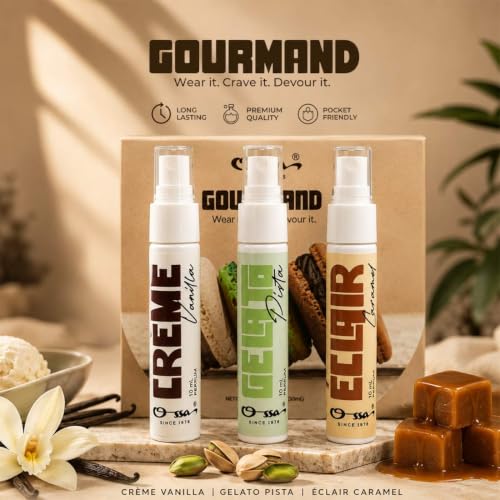 Image of OSSA Gourmand Parfum Miniature Set for Men & Women, 30ML (3 x 10ML) | Vanilla, Pista & Caramel Fragrances | Long Lasting Unisex Perfume Gift Set | Premium Travel Size Parfum Collection