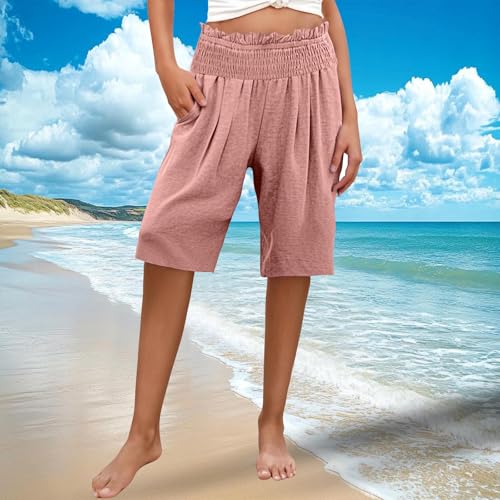 Linen Bermuda Shorts for Women Knee Length Casual Beach Summer Shorts with Pockets Summer Capri Pants4