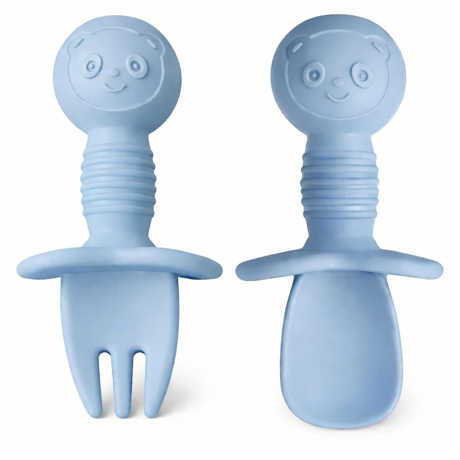PAXCOO Baby Feeding Spoon and Fork Set Blue, BPA Free Soft Self Feeding Training Spoon & Fork,100% Food Grade Silicone Baby Led Weaning (BLW) Feeding Utensils Panda Design Infant Kids Baby Feeding Set-image-7