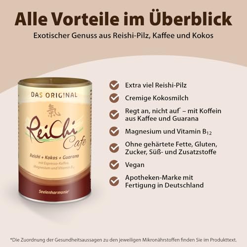 ReiChi Cafe 400 g | exotischer Kaffee-Genuss | Reishi-Pilz, Ginseng & Kokos | Koffein aus Guarana und Kaffee | Magnesium + B12 | Nerven, weniger Müdigkeit** | vegan, ohne Zusatzstoffe