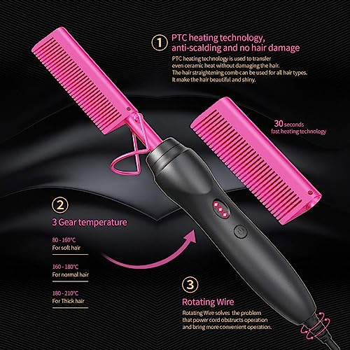 Electric Hot Comb Hair Straightener Heat Pressing Combs - Ceramic Hair Straightening Comb For Natural Black Hair Beard Wigs Holiday Gifts- Pink 5 In 1 #TOP1
