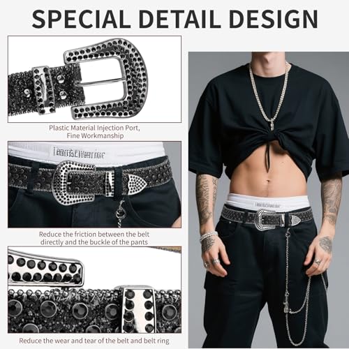 Crystal Studded Genuine Leather Belt Men Punk Rhinestone Bling Black Jeans Western Style3