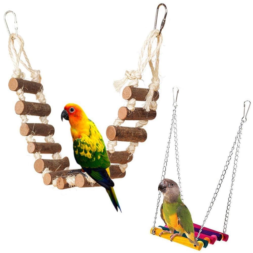 PINVNBY Bird Parakeet Toys, Bird Rope Ladder Swing Hammock Toys, Made of Natural Wood and Rope, Parakeet Cage Accessories for Parrot Budgie Conure Cockatiel (2 PCS)
