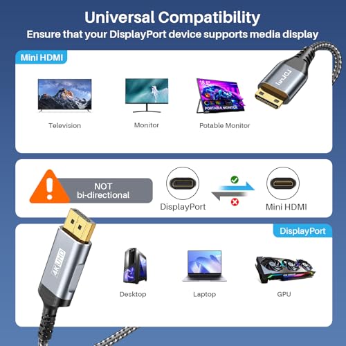Image of LDLrui DisplayPort to Mini HDMI Cable 5FT,UHD 3840P /4K@60Hz DP to Mini HDMI Uni-Directional Cord (Nylon - Bend Resistant) for Desktop, Laptop, Portable Monitor,AMD, NVIDIA, ARZOPA, Projector,Mini PC