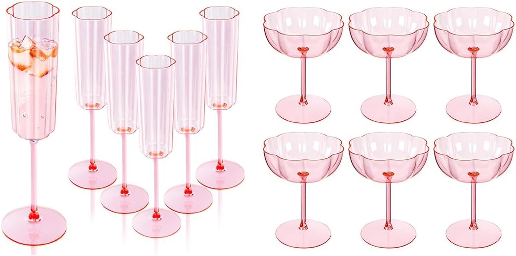 Ciaell 24 Pack Pink Plastic Champagne Flutes and 12PCS Plastic Martini Glasses for Thanksgiving & Parties & Weddings & Poolside & Toasting & Outdoors