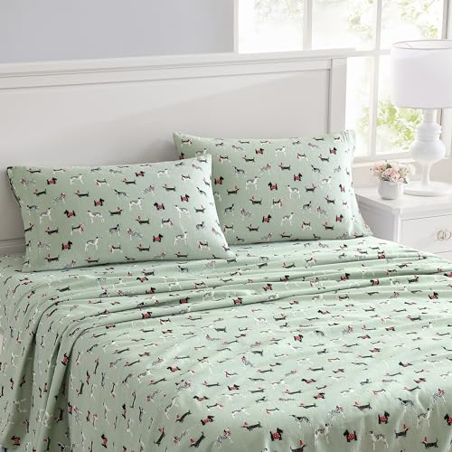 Image of Laura Ashley - Flannel Sheets Twin Size, Anti-Pilling & Wrinkle Resistant Cotton, Touchably Soft for All-Season Comfort - Bed Sheets with Matching Pillowcase & Fitted Sheet (Holiday Pups Green)