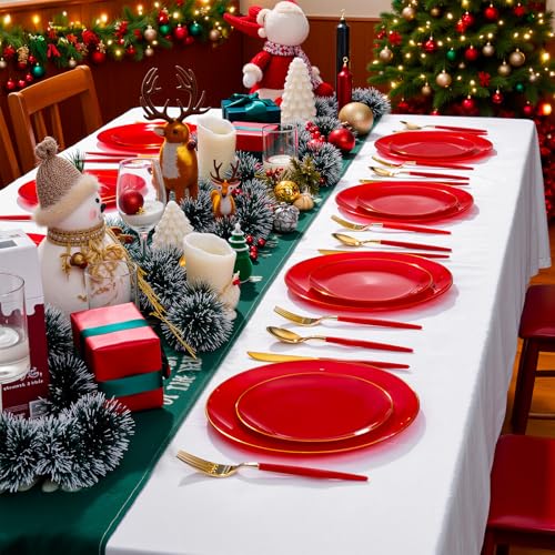 DaYammi 150Pcs Red Plastic Plates & Gold Cutlery with Red Handle,Christmas Disposable Plates Set Include 30 Dinner Plate, 30 Dessert Plate,30 Knives,30 Forks,30 Spoons for Christmas Party Holiday – Image 2