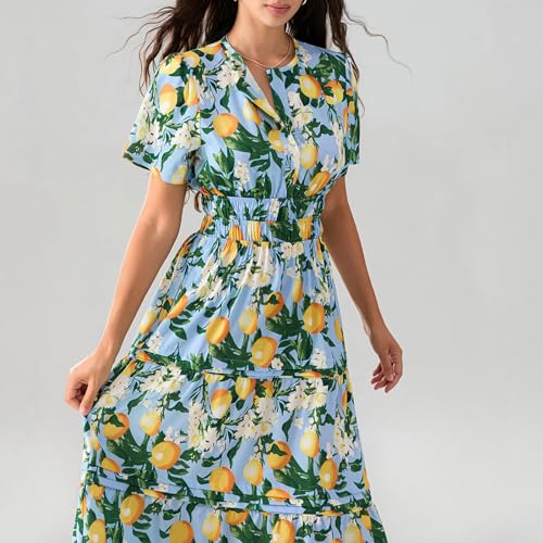 Image of Women Summer Boho Maxi Dress Smocked Waist V-Neck Short Sleeve Tiered Flowy Dresses Beach Sundress Clubwear (A-01, L)