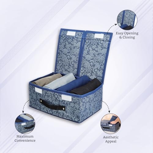 Image of Amazon Brand - Solimo Double Lid Foldable Storage Box | Toys Storage Bin | Wardrobe organizer for Clothes | Front Handle | Stackable Rack | 36 x 25 x 16 cm (Flower Print, Navy Blue)
