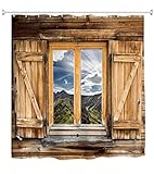 Goodbath Farmhouse Shower Curtain, Old Wooden Barn Door Window Pattern with Mountain Hill Sky Nature