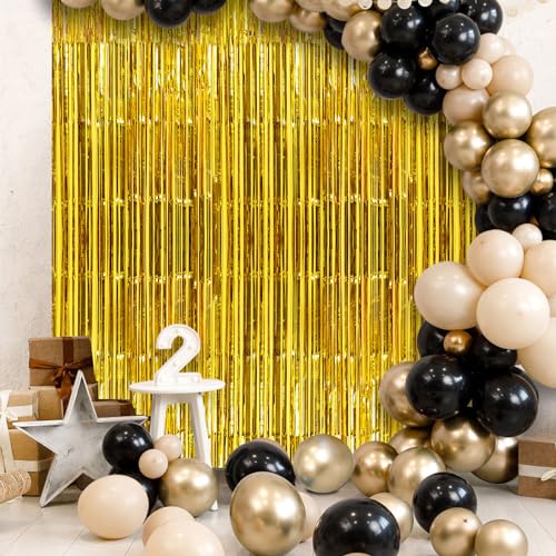 Image of 2 Pack Fringe Curtains Backdrops, Foil Fringe Curtains, Door Streamers for Birthday Wedding Bridal Shower Holiday Graduation Party Decorations, Photo Booth Backdrops, Gold
