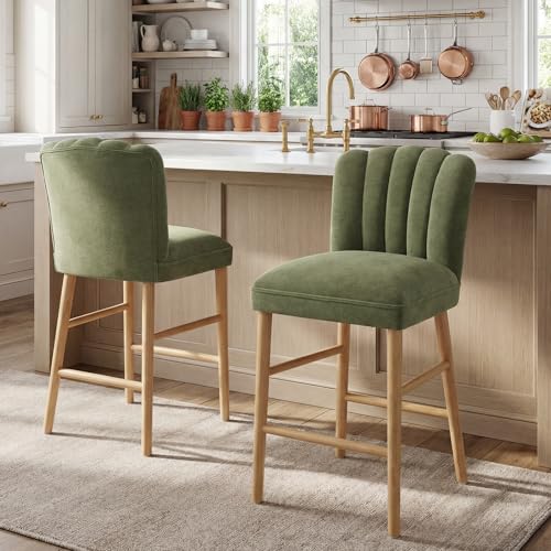 chairus Juego de 2 Taburete de Bar con Patas de Madera Sillas para Isla de Cocina de Diseño Nórdico, Taburetes Altos Acolchados con Respaldo de Pétalo para Comedor/Cafetería, Verde