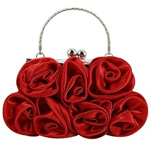 Goclothod Flower Inlaid Silk Evening Bag Shiny Rhinestone Wedding Clutch Handbag Purse Red