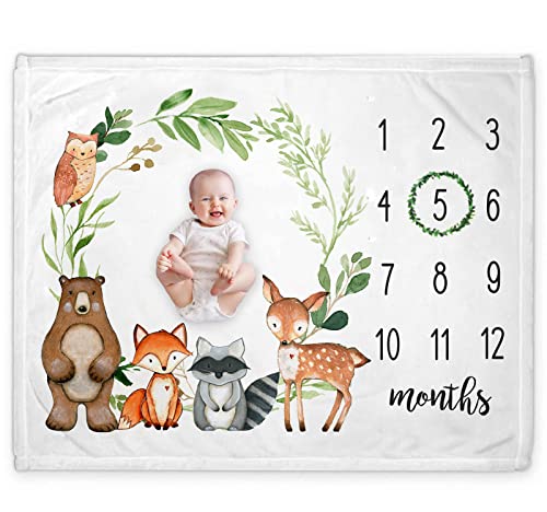 Image of Yuzioey Baby Monthly Milestone Blanket - Woodland Forest Animals, Gift for New Moms, Baby Shower, Watch Me Grow, Greenery Woodland Nursery Decor, Includes Marker (50"x40")