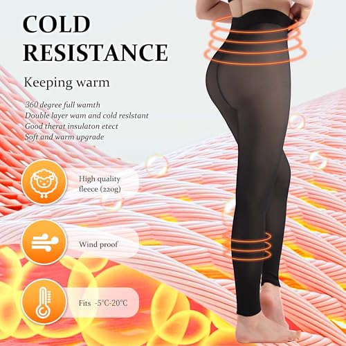 Image of UISLII Fleece Lined Tights Women, Warm Footless pants,Fake Translucent Thermal Skin Colored Tights for Winter(Black XL-M)
