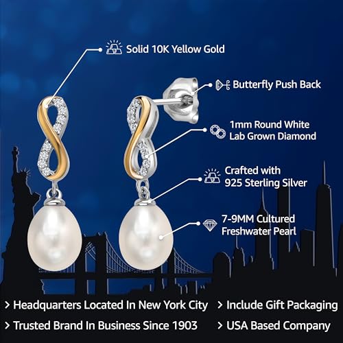 Gem Stone King 7X9MM Cultured Freshwater Pearl and White Lab Grown Diamond Infinity Dangling Earrings for Women | 925 Sterling Silver and 10K Yellow Gold | Fine Jewelry Gifts for Her Mom Women Wife2