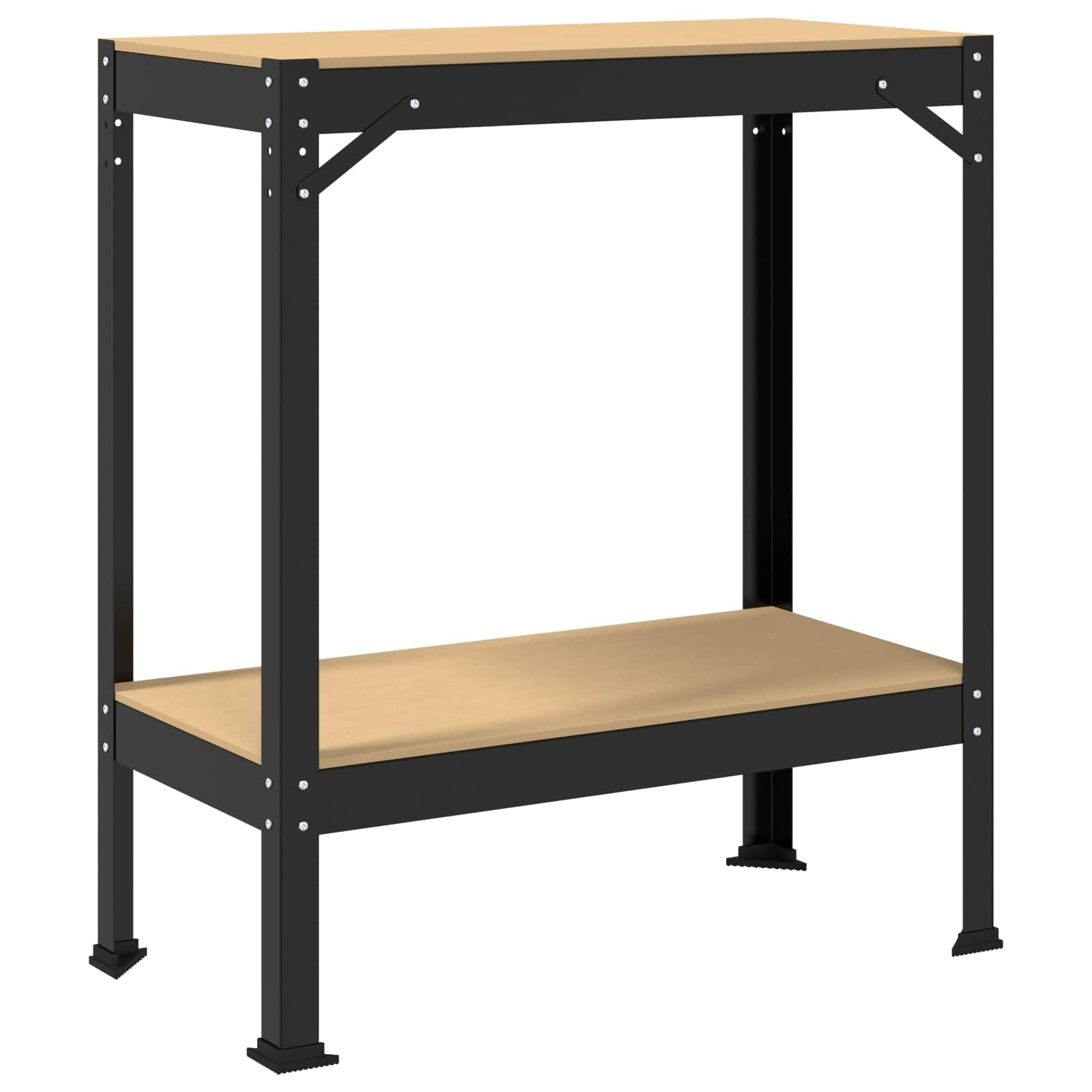 Banco de trabajo con estante negro de madera contrachapada y metal, 81 x 41 x 91 cm, superficie de trabajo estable con cajón y pared perforada para taller, garaje, sala de ocio y bricolaje