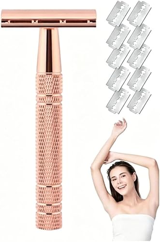 Women's Rose Gold Double Edge Safety Razor, Single Blade, Non-Slip Handle, Reusable, with 10 Platinum Coated Replacement Blades