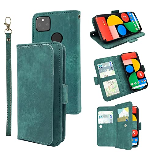 Furiet Compatible with Google Pixel 5 Wallet Case Wrist Strap Lanyard Leather Flip Card Holder Stand Folio Purse Cell Accessories Folio Purse Phone Cover for Pixel5 5G Pixle Five G5 Women Men Green