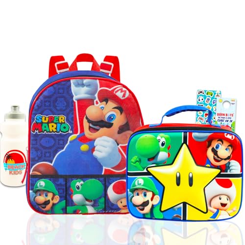 Super Mario Conjunto de mini mochila e lancheira Bros – Pacote com mochila de 28 cm, lancheira, adesivos, garrafa de água, mais | Material escolar Luigi para crianças