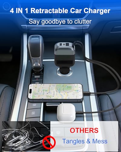 Image of 87W Retractable Car Charger, 4-in-1 Fast USB C Charging Car Adapter with 45W Type C Cable for iPhone 17 /16 Pro Max & Samsung, 12W Lightning Cable for iPhone 14, Travel Essentials Car Accessories