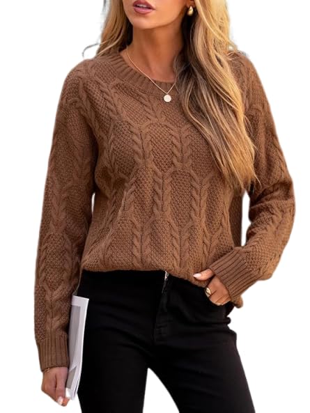 CUPSHE Women Fall Sweater Cable Knit Long Sleeve Crewneck Casual Winter Cozy Pullover Tops